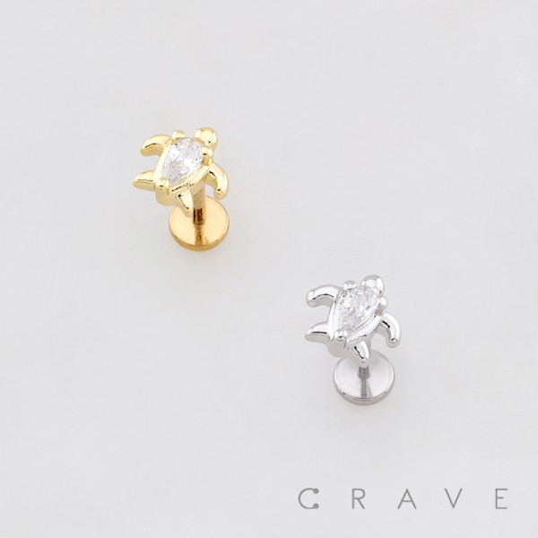 PEAR DROP CZ SEA TURTLE TOP PUSHIN (THREADLESS) 316L SURGICAL STEEL LABRET SET